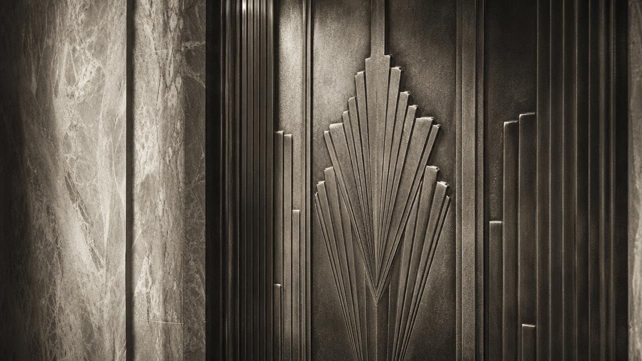 Art Deco bronze relief framed by polished marble